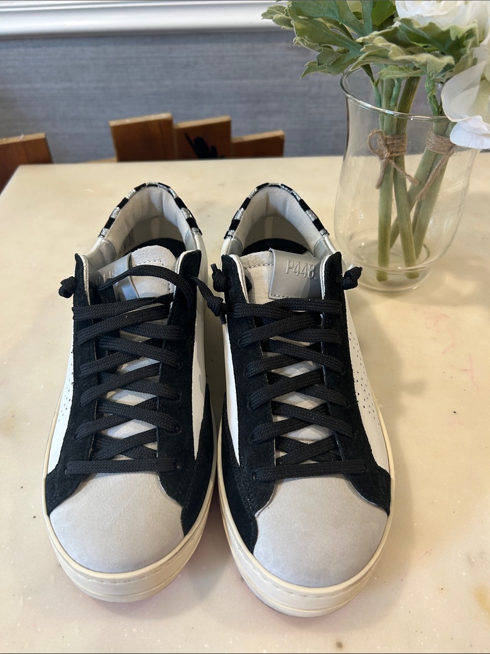 P448 Black & White Low-Top Suede & Leather Sneakers